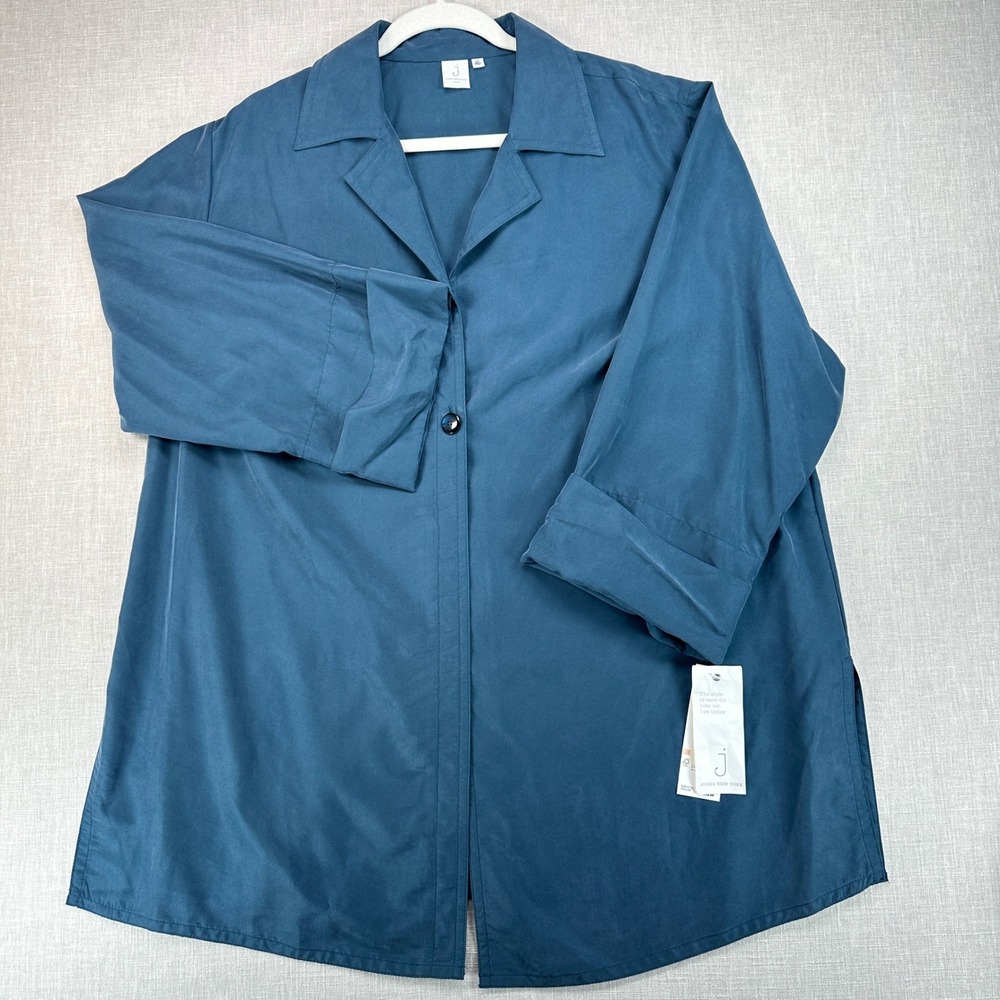 Jones New York Blouse Women 2X Dark Fog Blue Single Button Cuffed Sleeve New - Picture 2 of 8